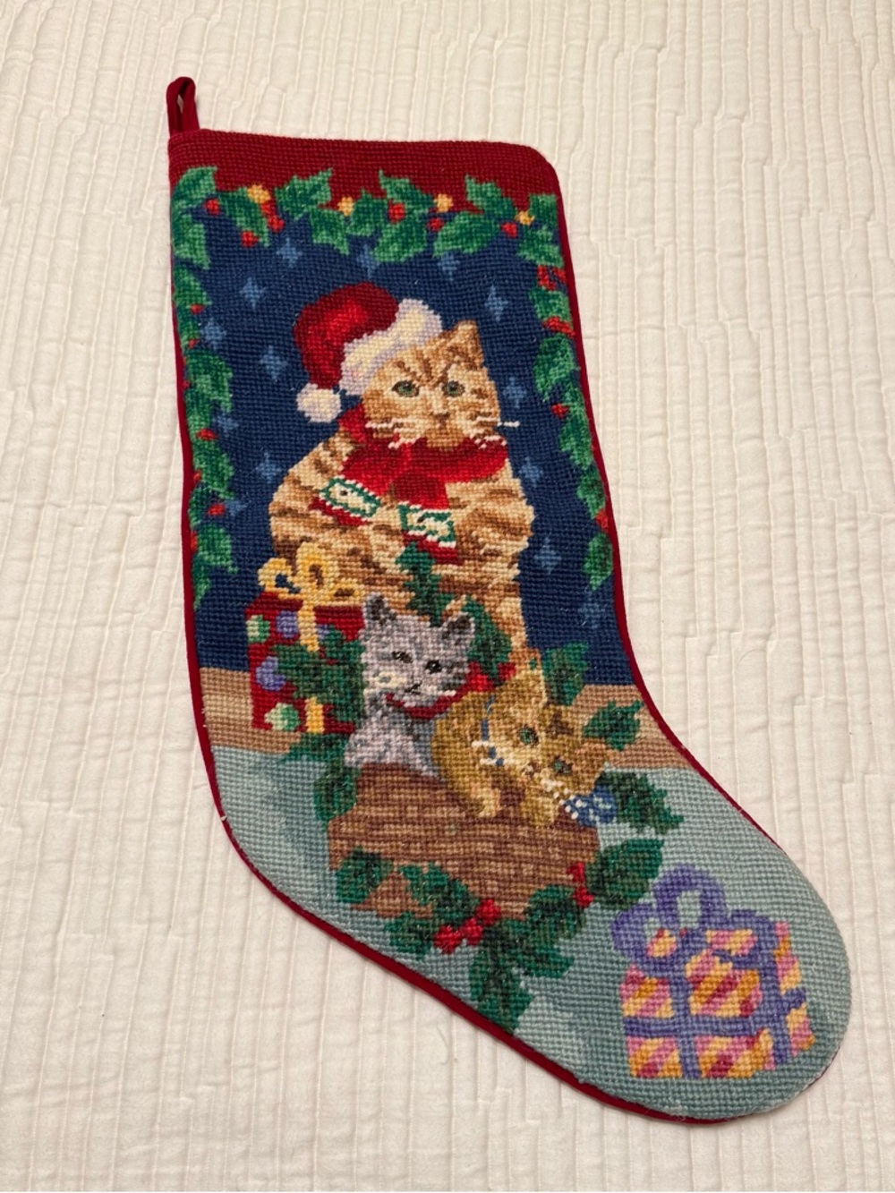 Vintage Needlepoint Stocking featuring Christmas Cats and Velvet Back